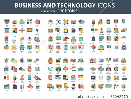 Business and marketing, programming, data management, internet connection, social network, computing, information. Icons set. Flat vector illustration Business and marketing, programming, data management, internet connection, social network, computing, information. Icons set. Flat vector illustration 126092573