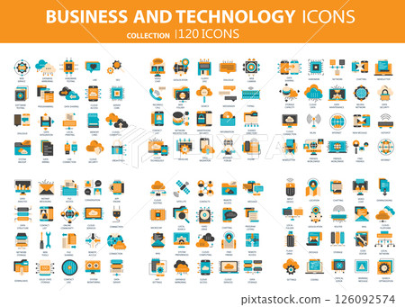 Business and marketing, programming, data management, internet connection, social network, computing, information. Icons set. Flat vector illustration Business and marketing, programming, data management, internet connection, social network, computing, information. Icons set. Flat vector illustration 126092574