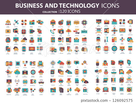 Business and marketing, programming, data management, internet connection, social network, computing, information. Icons set. Flat vector illustration Business and marketing, programming, data management, internet connection, social network, computing, information. Icons set. Flat vector illustration 126092575