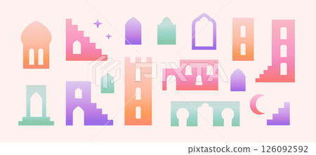 Abstract arabic moroccan arch, door, architecture, city buildings, moon. Geometric boho aesthetic vector colorful elements set. 126092592