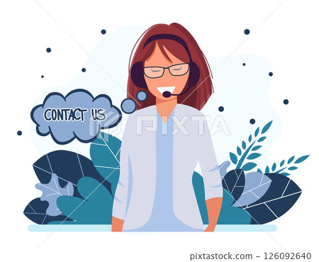 Online assistant landing page. Woman with headphones with computer. Concept illustration for support, assistance, call center. Technical support. Virtual help service. Vector illustration in flat.	 126092640