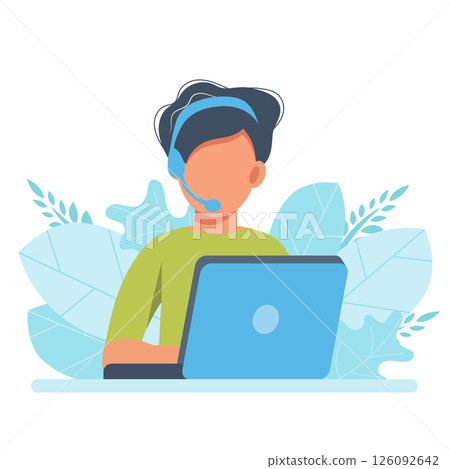 Online assistant landing page. Man with headphones with computer. Concept illustration for support, assistance, call center. Technical support. Virtual help service. Vector illustration in flat.	 126092642
