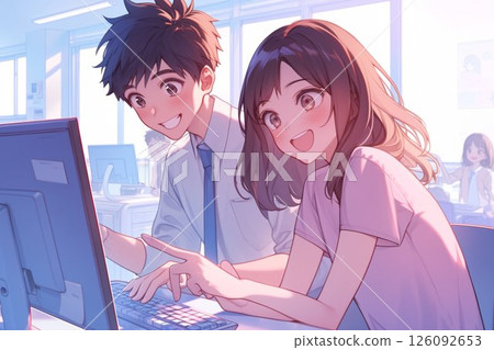 A businesswoman pointing at the screen and a businessman looking at the screen_Illustration 4 126092653