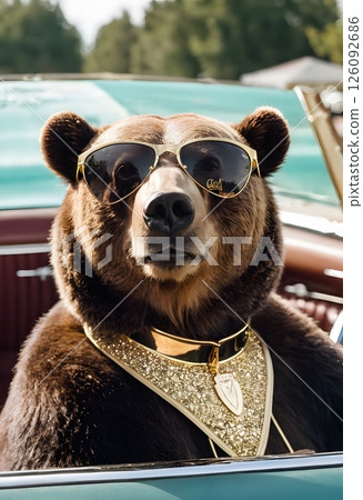 Stylish Bear in Luxury Convertible with Sunglasses and Gold Collar. lifestyle concepts. 126092686