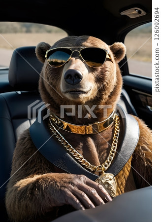 Stylish Bear in Luxury Convertible with Sunglasses and Gold Collar. lifestyle concepts. 126092694