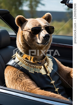 Stylish Bear in Luxury Convertible with Sunglasses and Gold Collar. lifestyle concepts. Stylish Bear in Luxury Convertible with Sunglasses and Gold Collar. lifestyle concepts. 126092698
