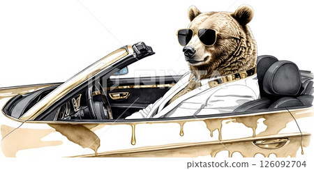 Stylish Bear in Luxury Convertible with Sunglasses and Gold Collar. lifestyle concepts. 126092704