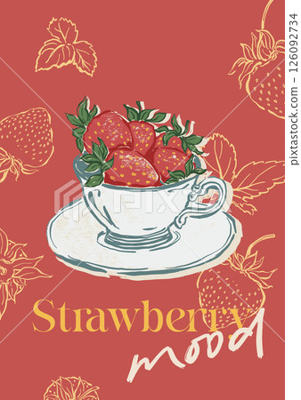 Vector berry poster of strawberry and cup. Hand-drawn garden harvest sketch. Tasty food illustration for restaurant and cafe interior, fruit market drawing print, fabric or background. 126092734