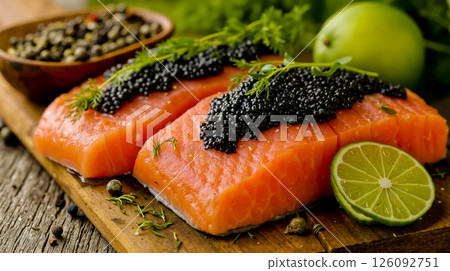 A wooden cutting board topped with salmon and caviar 126092751