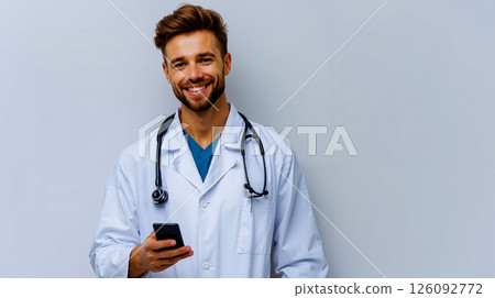 A man in a white lab coat holding a cell phone A man in a white lab coat holding a cell phone 126092772