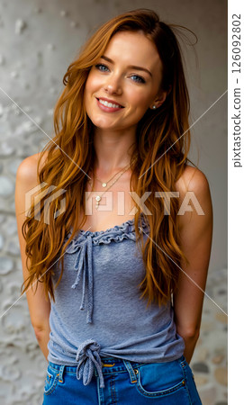 A woman with long brown hair wearing a gray tank top and blue jeans A woman with long brown hair wearing a gray tank top and blue jeans 126092802