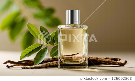 A bottle of perfume sitting on top of a table next to a branch of vanilla 126092808