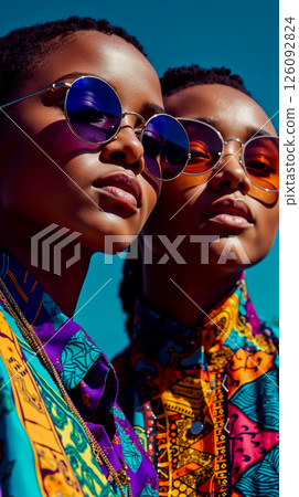 Two women wearing colorful sunglasses against a blue sky Two women wearing colorful sunglasses against a blue sky 126092824