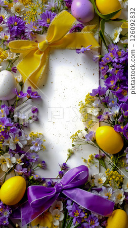 A bunch of flowers and lemons with a yellow ribbon tied around them 126092832