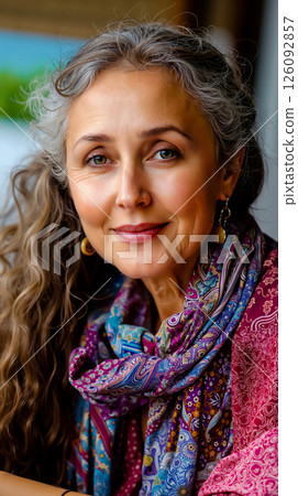 A woman with long curly hair wearing a colorful scarf 126092857