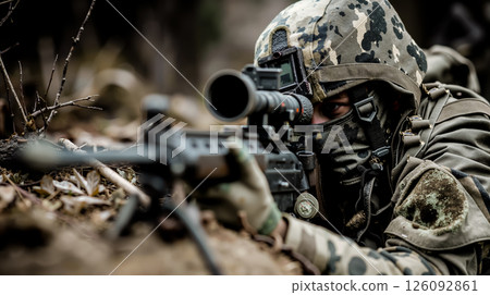 A man in camouflage with a sniper rifle in the woods 126092861