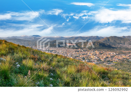 Fantastic view of Bagheria town and national park Orientata Pizzo Cane. Fantastic view of Bagheria town and national park Orientata Pizzo Cane. 126092992