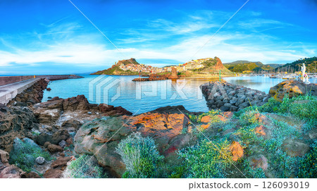 Unbelivable view of Medieval town of Castelsardo. Cityscape of Castelsardo port. Unbelivable view of Medieval town of Castelsardo. Cityscape of Castelsardo port. 126093019