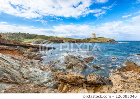 Amazing morning view  of Piscinni bay with turquoise sea and famous coastal tower of Piscinni 126093040
