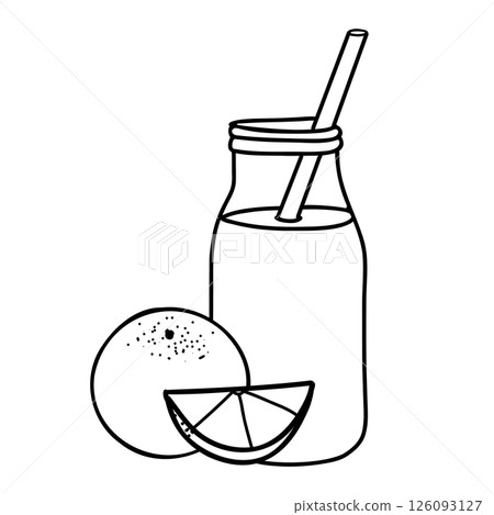 Orange Smoothie or Detox Cocktail in the bottle with straw. Healthy Drink Vector illustration with whole fruit and slice in Doodle style isolated. Black and white outline drawing. Ideal for beverage 126093127