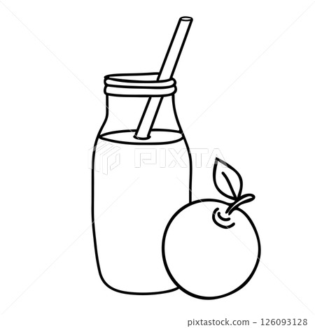Apple Smoothie. Detox Cocktail in the bottle with straw with whole fruit. Healthy Drink Vector illustration in Doodle style isolated on a background. Black and white outline drawing. Ideal for 126093128