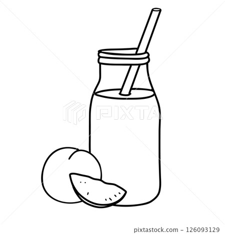 Peach Smoothie. Detox Cocktail in the bottle with straw with whole and slice fruit. Healthy Drink Vector illustration in Doodle style isolated. Black and white outline drawing. Ideal for beverage 126093129