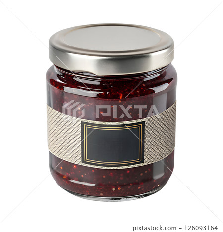 Glass jar of homemade strawberry jam with silver lid, sweet homemade conserve and toast topping Glass jar of homemade strawberry jam with silver lid, sweet homemade conserve and toast topping 126093164