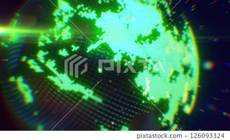 A neon green digital depiction of Earth with pixelated textures, highlighting technological innovation and a futuristic global theme background 126093324