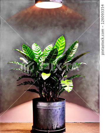 Urban Zamioculcas in industrial metal pot, dramatic spotlighting, floating presentation, commercial grade, clean backdrop 126093354