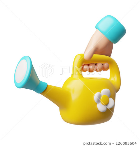 Yellow watering can with sprinkler hand holding 3D cartoon vector icon, gardening irrigation equipment decorated flower 126093604