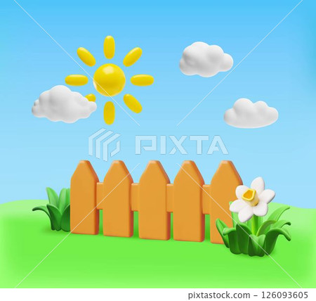 Wooden fence on the lawn with flowers 3D cartoon plastic style vector illustration, garden brown barrier timber planks Wooden fence on the lawn with flowers 3D cartoon plastic style vector illustration, garden brown barrier timber planks 126093605