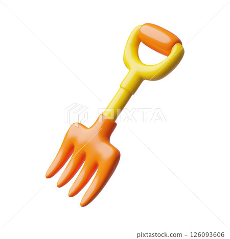 Pitchfork 3D plastic style cartoon vector icon, gardening cultivate equipment with wooden handle, volume farming fork 126093606