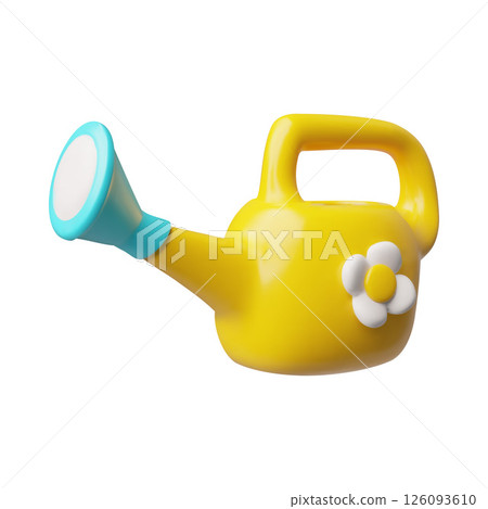 Yellow watering can with water sprinkler 3D cartoon vector icon, gardening irrigation handle equipment decorated flower Yellow watering can with water sprinkler 3D cartoon vector icon, gardening irrigation handle equipment decorated flower 126093610
