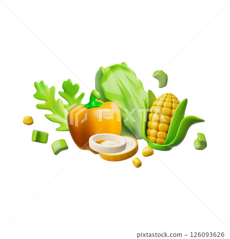 3d fresh vegetables farm harvest, brussels sprouts, corn, pepper, part of onion, parsley. 3d fresh vegetables farm harvest, brussels sprouts, corn, pepper, part of onion, parsley. 126093626