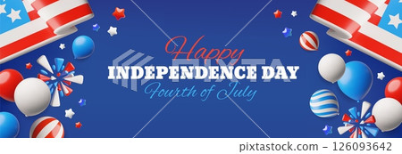 3D vector banner celebrating US Independence Day with flag, balloons, fireworks and stars. 126093642