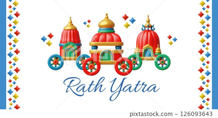 Ratha Yatra holiday 3D vector banner design, cartoon festive colorful chariots, temple cart, Indian festival celebration 126093643