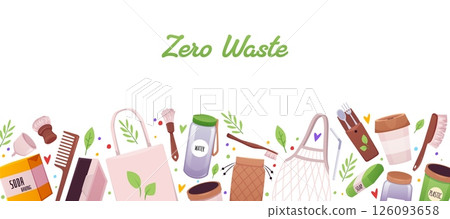 Zero waste border design, ECO lifestyle, ecological elements, recycle reuse glass bottles, cutlery, hygiene accessories 126093658