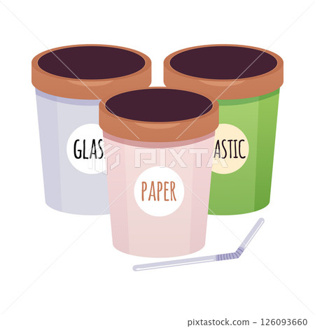 Bottles with lid and straw, vector Zero waste reusable containers with glass, paper and plastic labels, ECO lifestyle 126093660