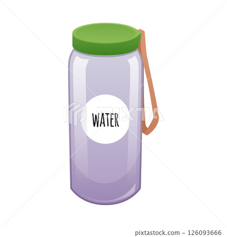 Glass bottle with water label, lid and hand strap, vector flat illustration Zero waste, ECO lifestyle drink container 126093666