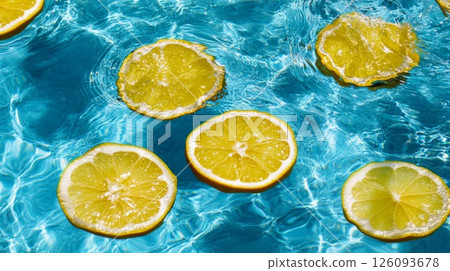 Yellow Lemon Slices Floating in Blue Water 126093678