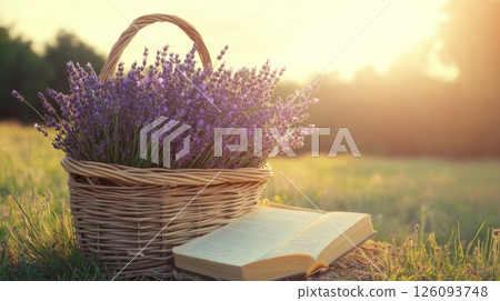 Lavender Flowers in a Basket with an Open Book in a Field at Sunset 126093748