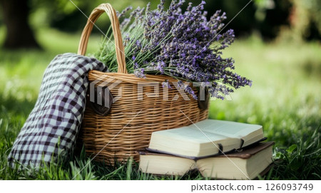 Lavender Bouquet in Wicker Basket with Books on Grass 126093749