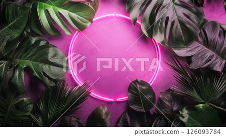 Pink Neon Circle Frame Surrounded by Lush Tropical Leaves 126093784