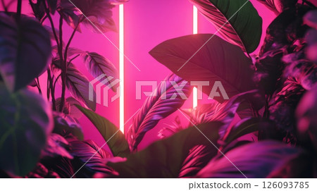 Pink Neon Lights Illuminating Lush Tropical Foliage 126093785