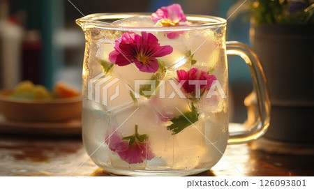 Pink Flowers Frozen in Ice Pitcher on Wooden Table 126093801