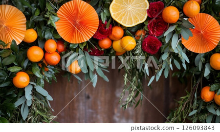 Vibrant Citrus Garland with Red Carnations and Paper Decorations 126093843