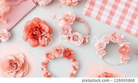 Coral and Pink Paper Flower Crafts: Flat Lay 126093868