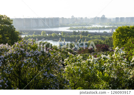 Beautiful church with golden domes surrounded by lilac background Beautiful church with golden domes surrounded by lilac background 126093917