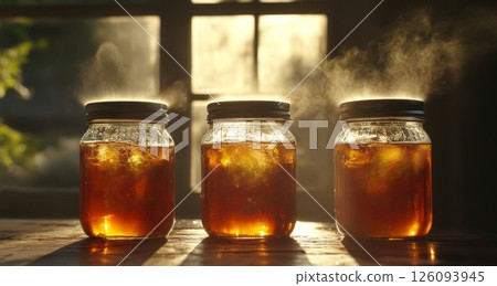 Three Glass Jars of Golden Honey Steaming on Rustic Wooden Table 126093945