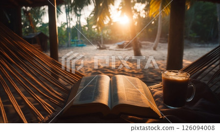 Peaceful Sunrise Beach Hammock Book Coffee Relaxation 126094008